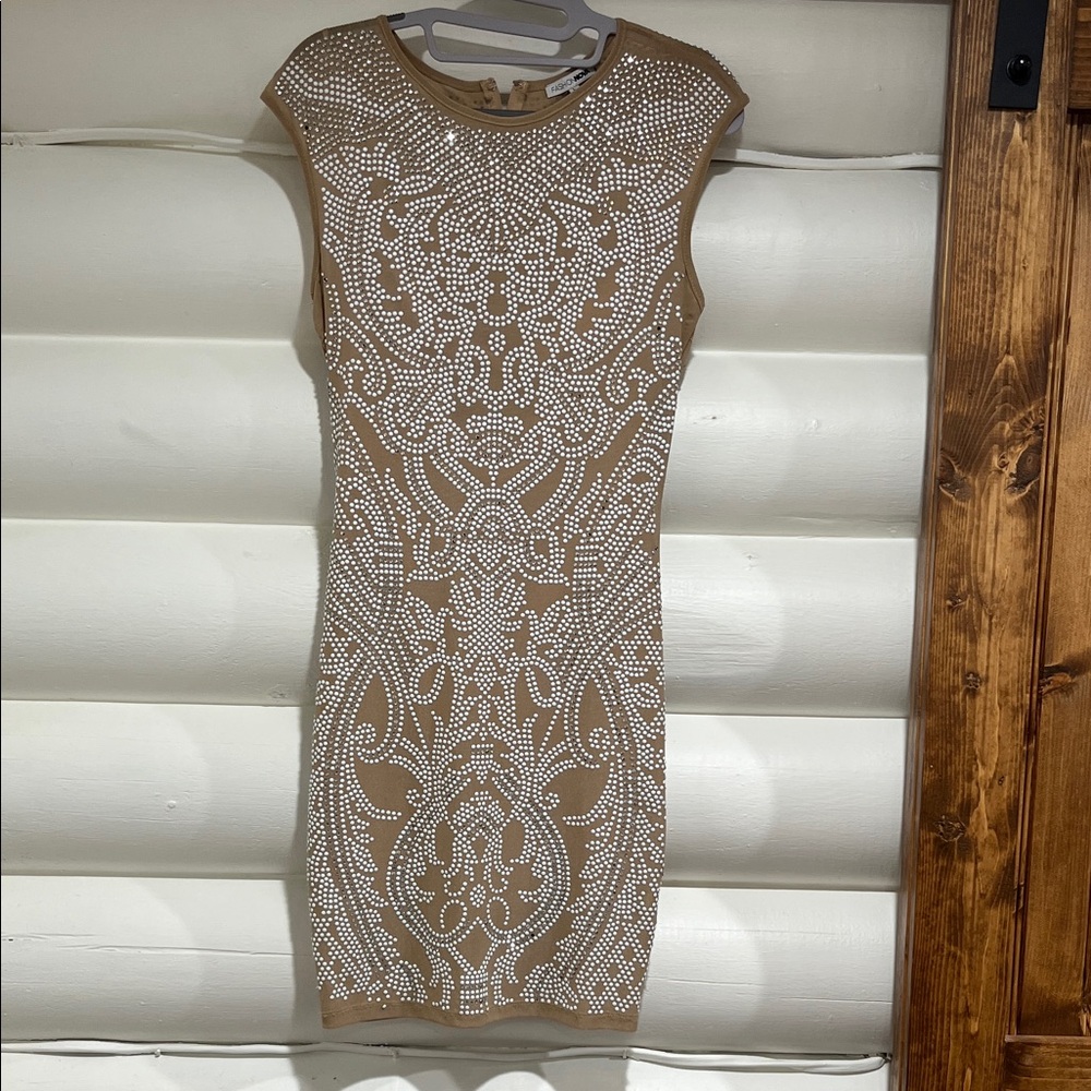 Fashion Nova Tan and White Embellished Mini Dress